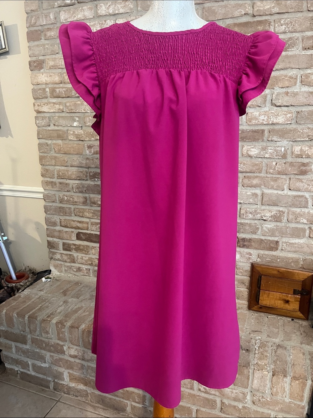 SHEIN Hot Pink Smocked Yoke Flutter Sleeve Dress